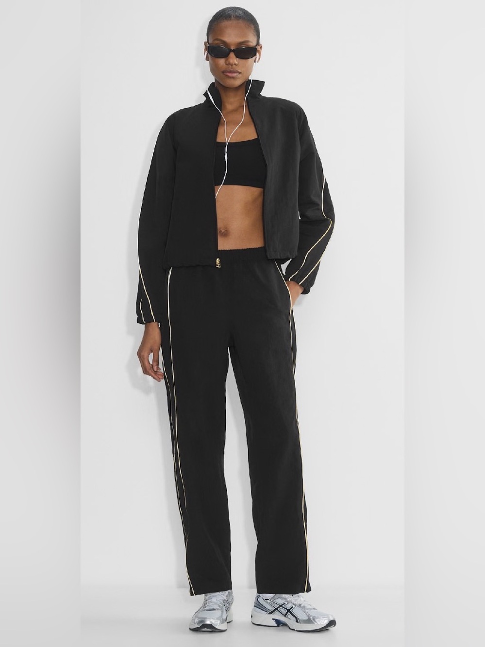 Aritzia Black Track Pants & Jacket with Cream Piping